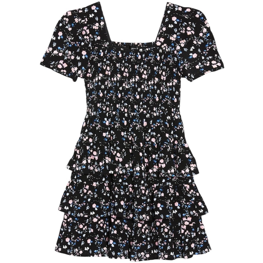 Aqua Smocked Tiered Flutter Sleeve Black Floral Dress Girls Size Large (10/11)